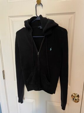 Ralph Lauren Black Hooded Zip Sweater with Teal Pony women’s size medium